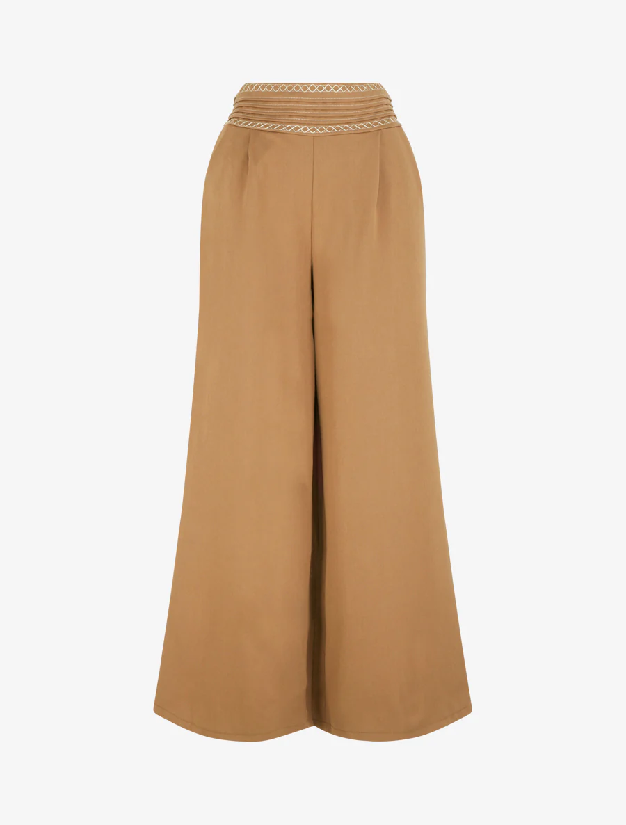 Pantalon ample uni à détail brodé - Camel