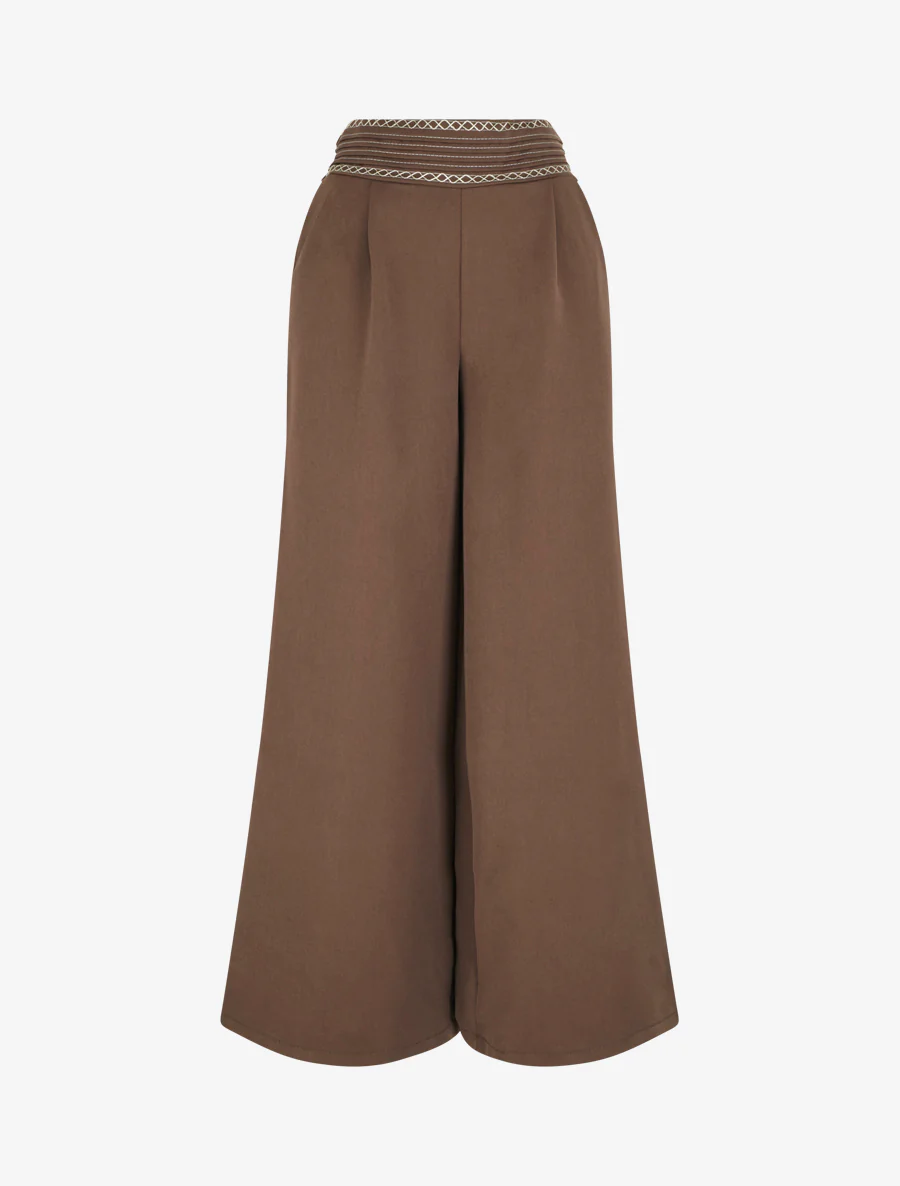 Pantalon ample uni à détail brodé - Marron