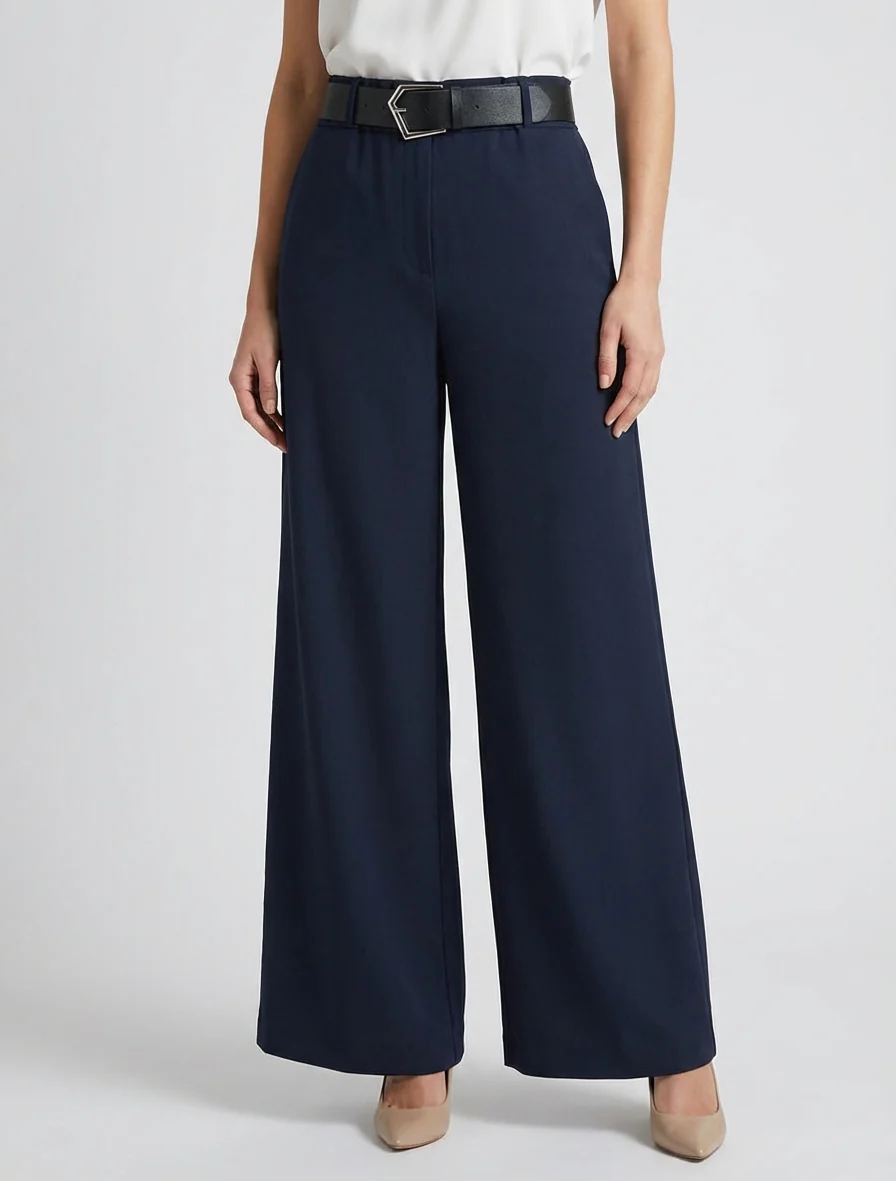 Pantalon ample uni à taille haute - Marine - Image 4