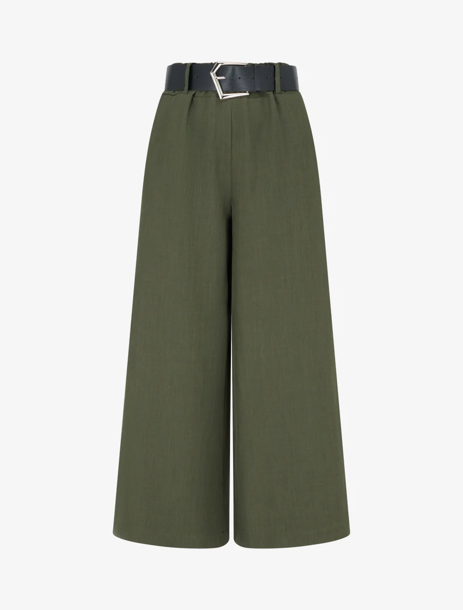Pantalon ample uni à taille haute - Kaki