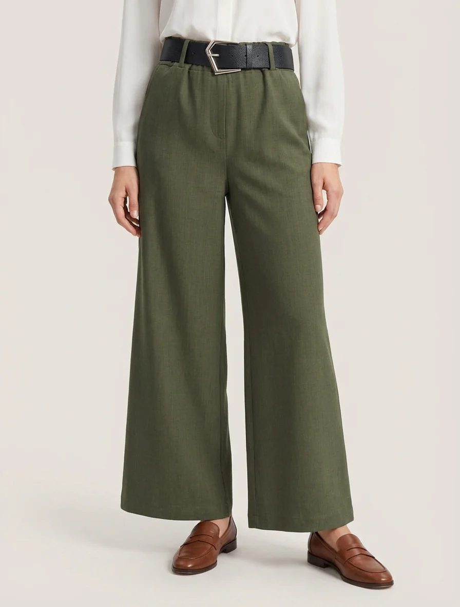 Pantalon ample uni à taille haute - Kaki - Image 4