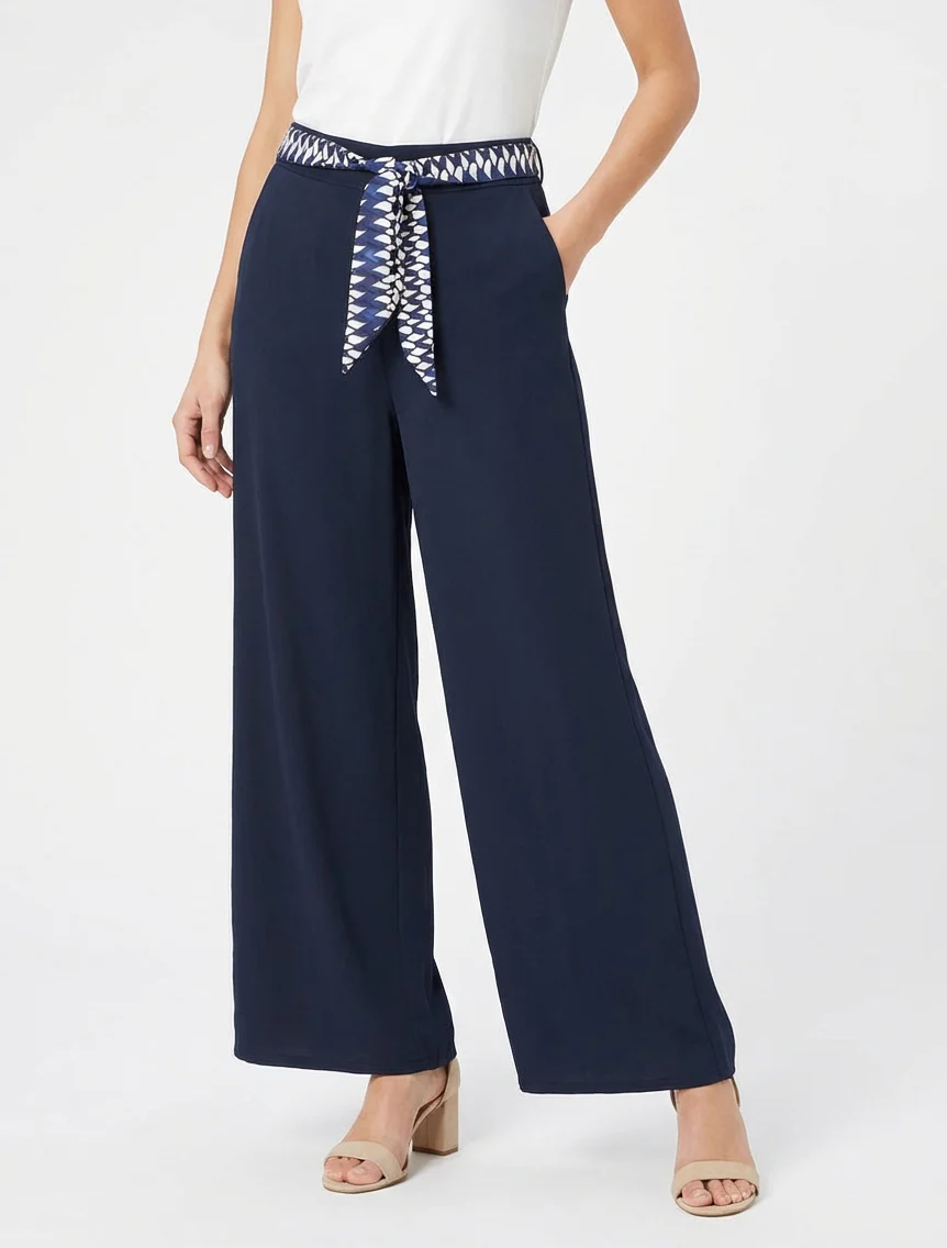 Pantalon ample uni et ceinturé - Marine - Image 4