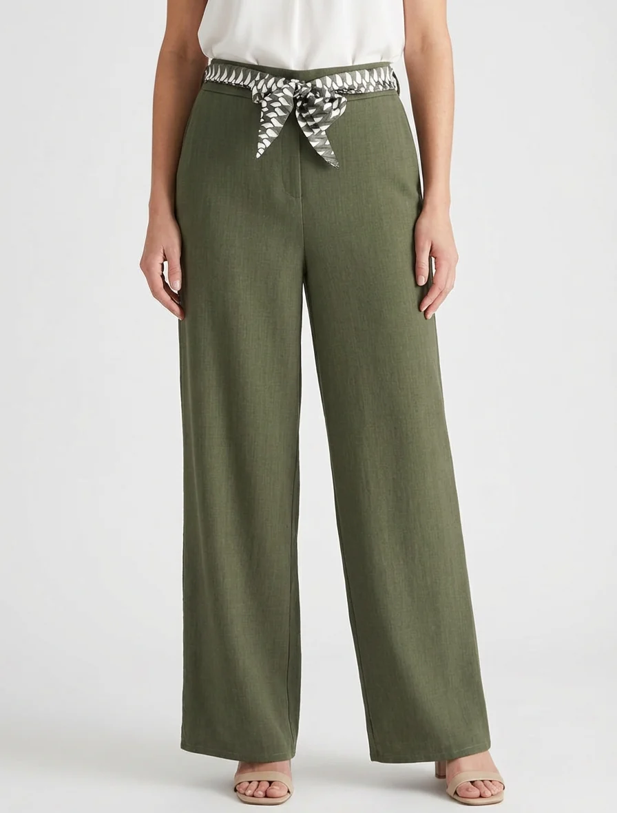 Pantalon ample uni et ceinturé - Kaki - Image 4