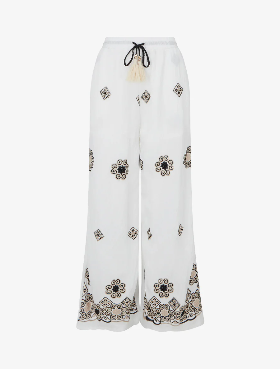 Pantalon brodé à taille haute élastiquée - Blanc