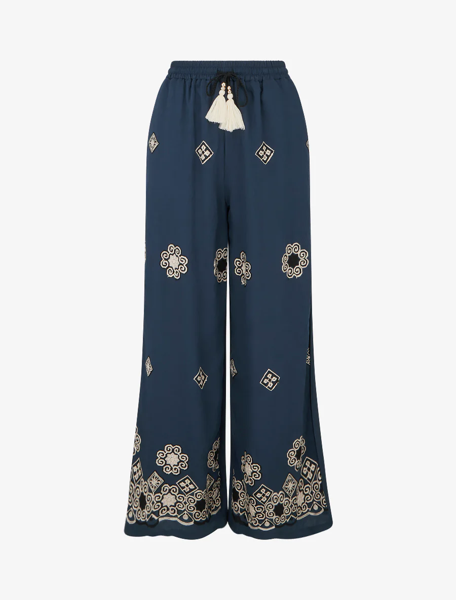 Pantalon brodé à taille haute élastiquée - Marine