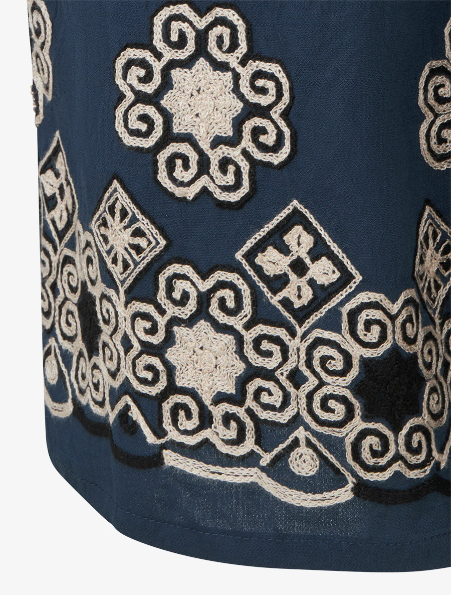 Pantalon brodé à taille haute élastiquée - Marine - Image 3