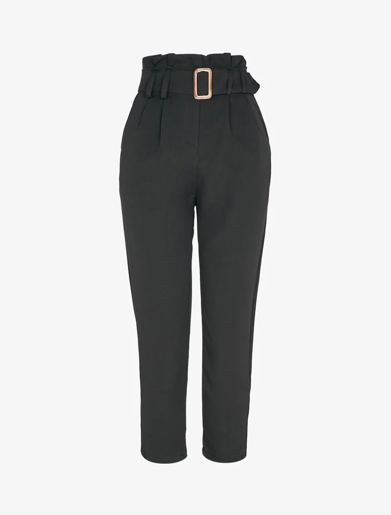 Pantalon carotte 7/8 à taille empire froncée - Noir