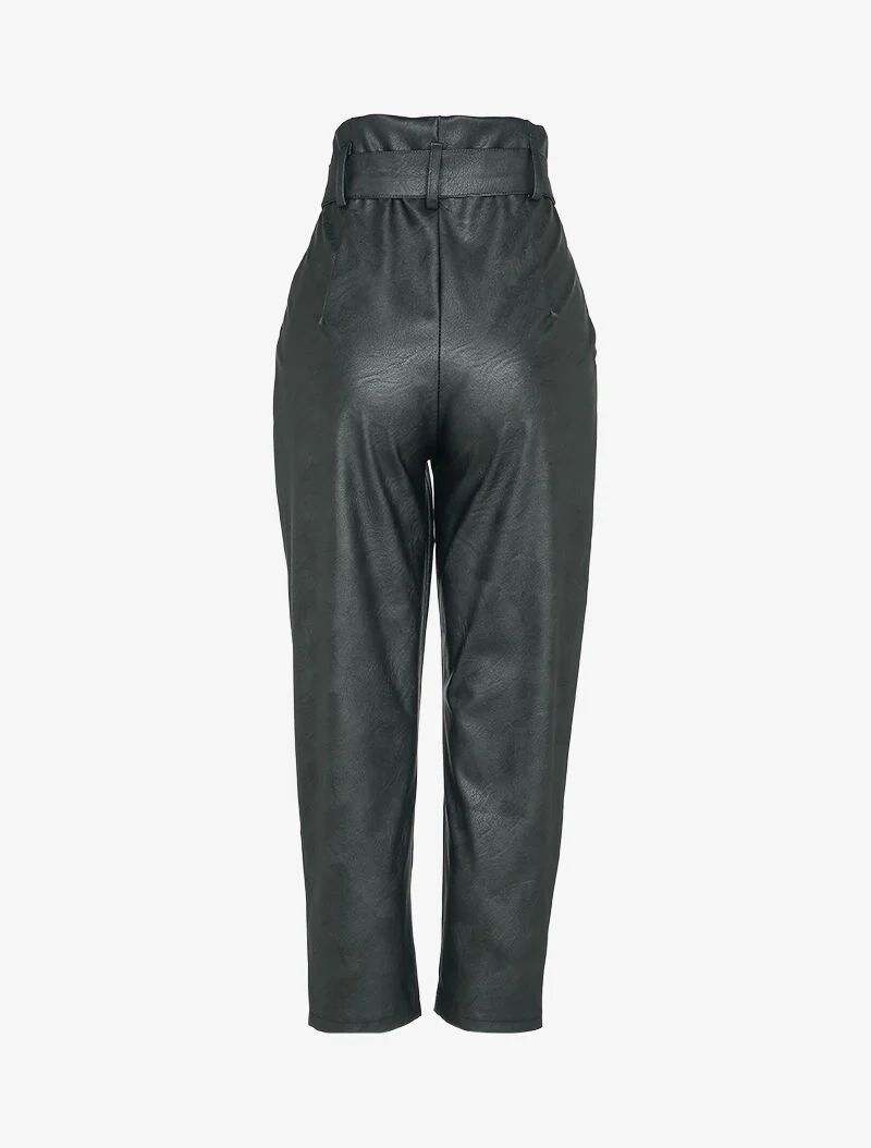 Pantalon carotte à taille empire froncée en simili - Noir - Image 2