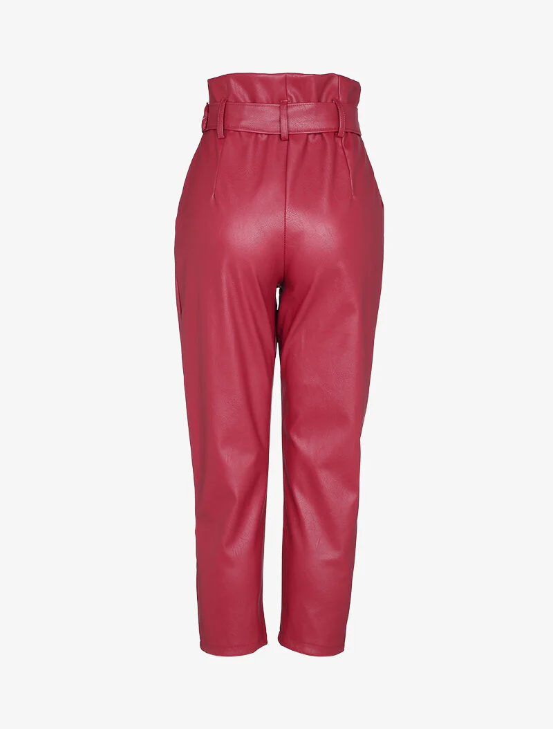 Pantalon carotte à taille empire froncée en simili - Rouge - Image 2