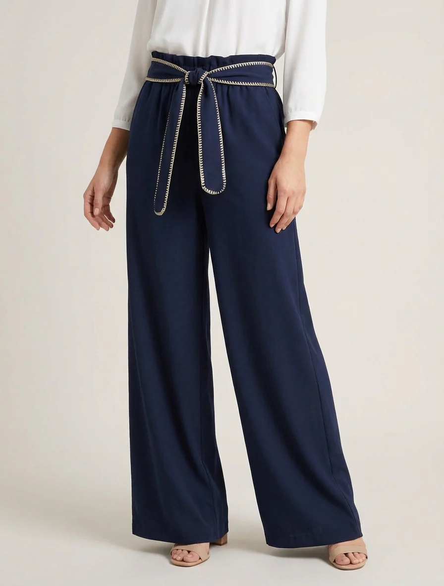 Pantalon ceinturé à détail irisé - Marine - Image 4