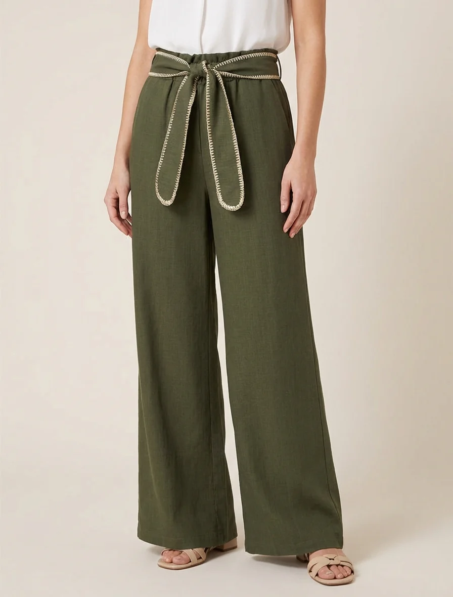 Pantalon ceinturé à détail irisé - Kaki - Image 4