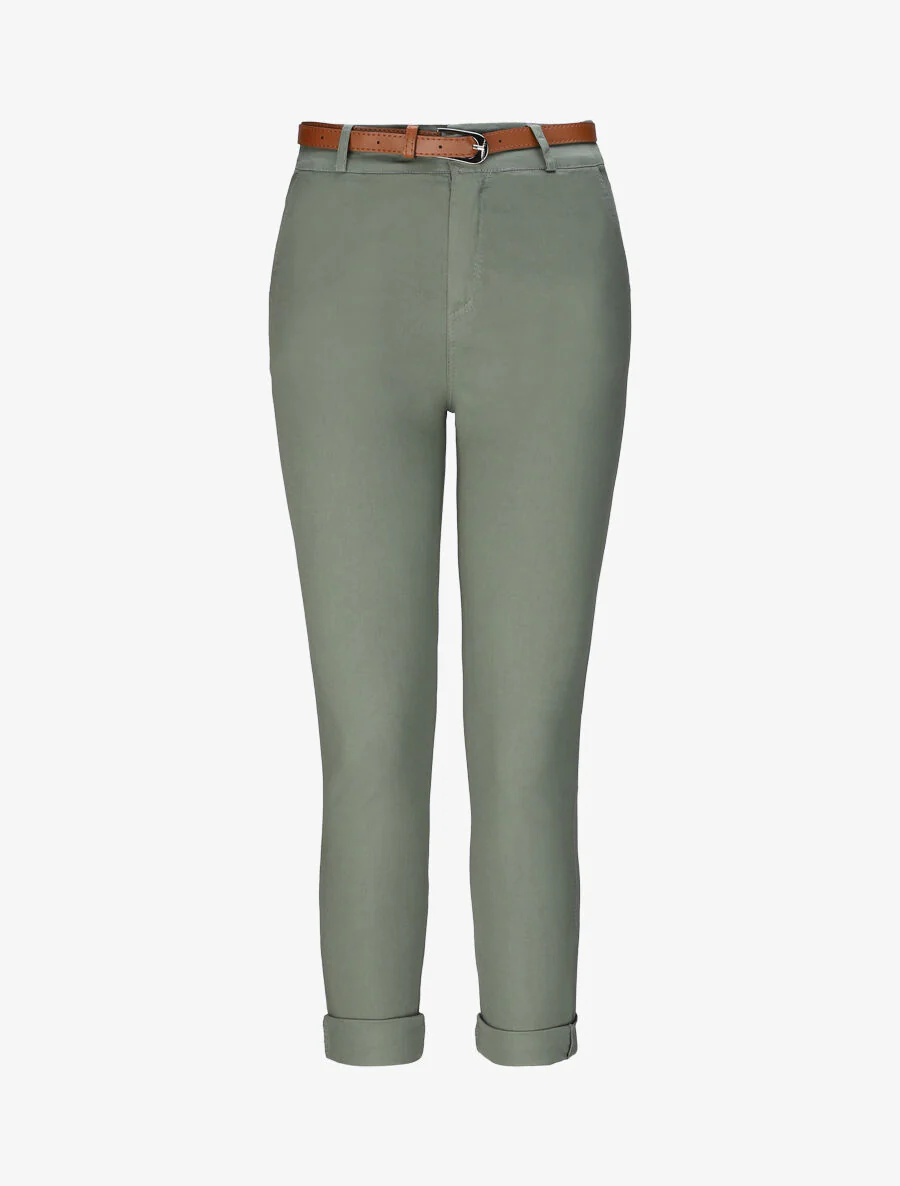 Pantalon chino taille haute uni en coton mélangé - Kaki