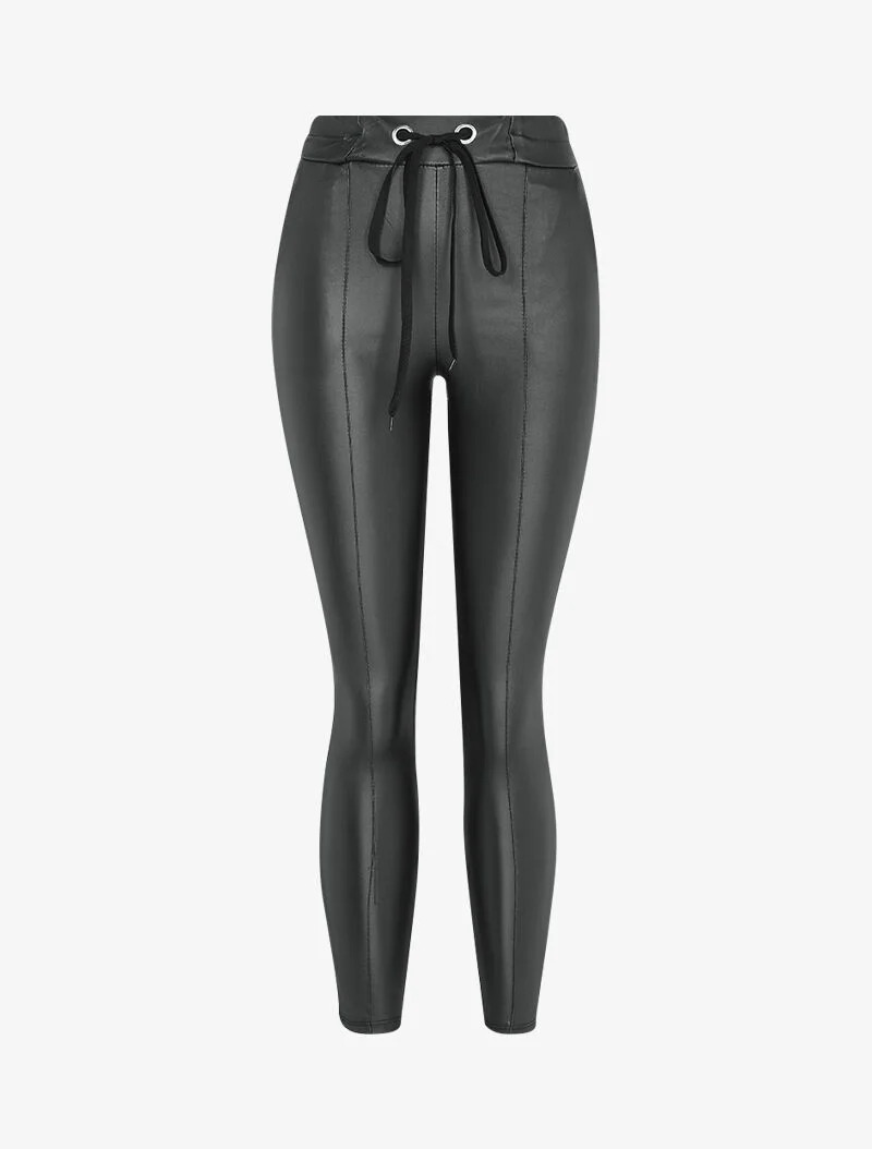 Pantalon ciré coupe slim à coutures contrastantes - Noir