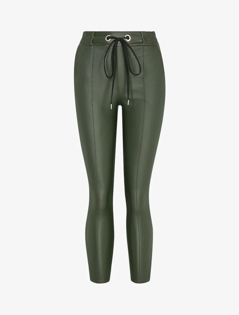 Pantalon ciré coupe slim à coutures contrastantes - Kaki