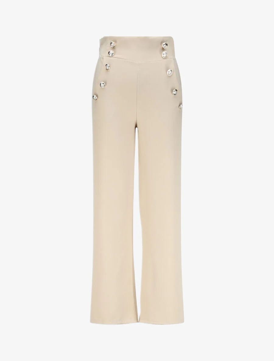 Pantalon droit à boutons et taille stylisés - Beige