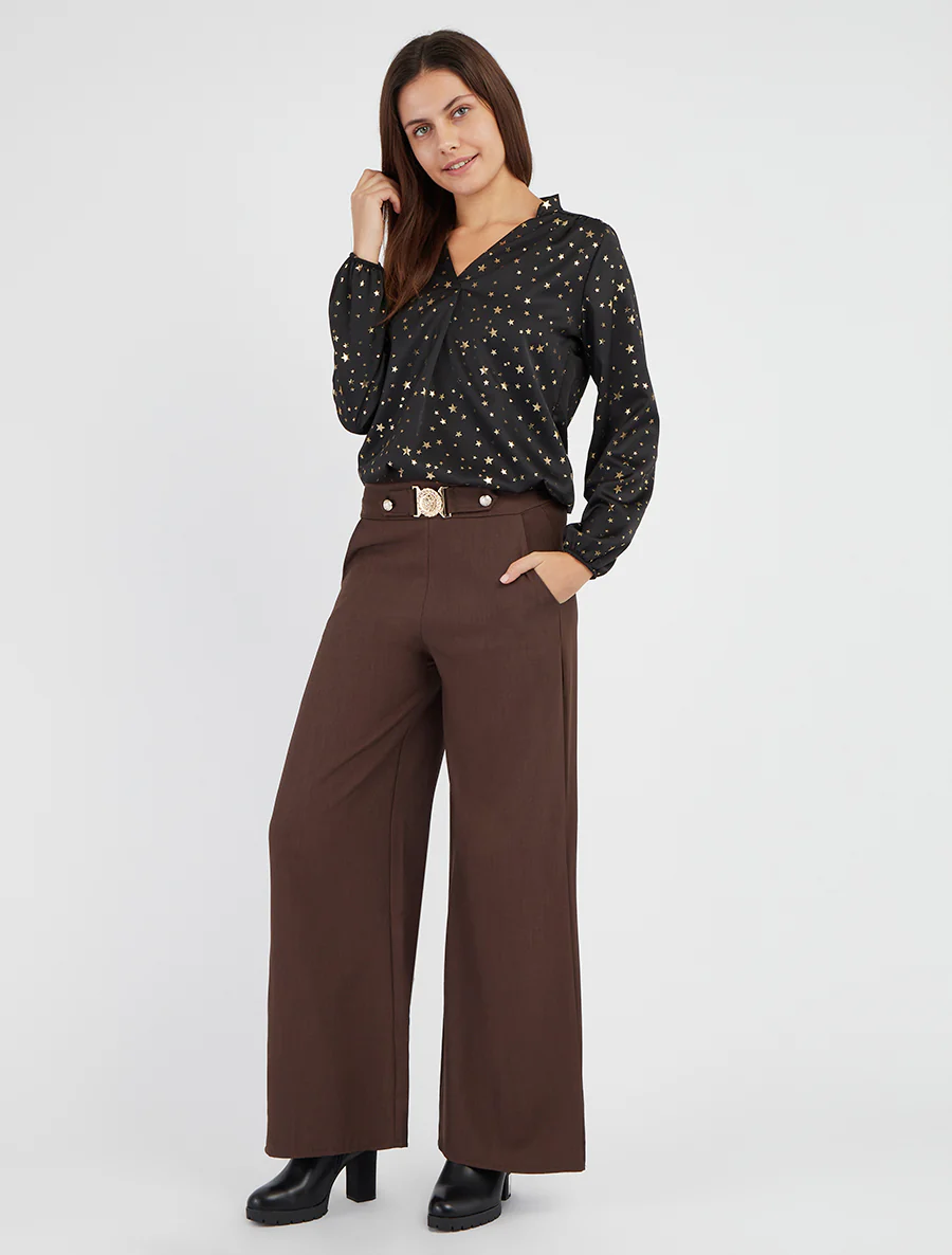 Pantalon droit à ceinture fantaisie - Marron - Image 4