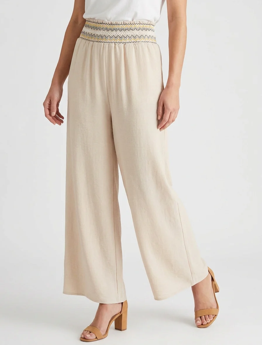 Pantalon droit à taille haute élastiquée - Beige - Image 4