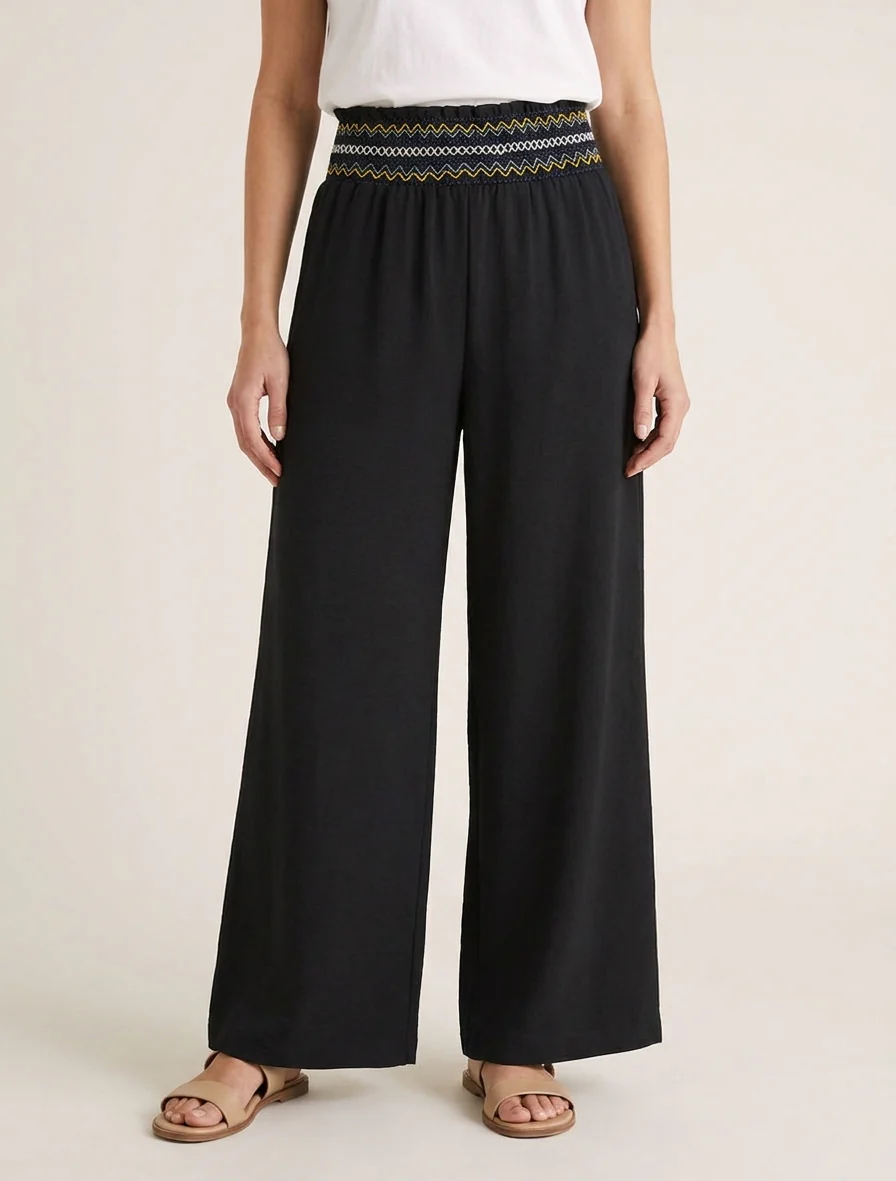 Pantalon droit à taille haute élastiquée - Noir - Image 4
