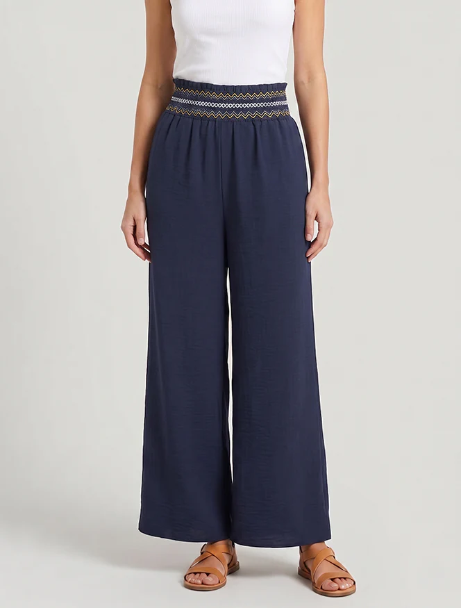 Pantalon droit à taille haute élastiquée - Marine - Image 4