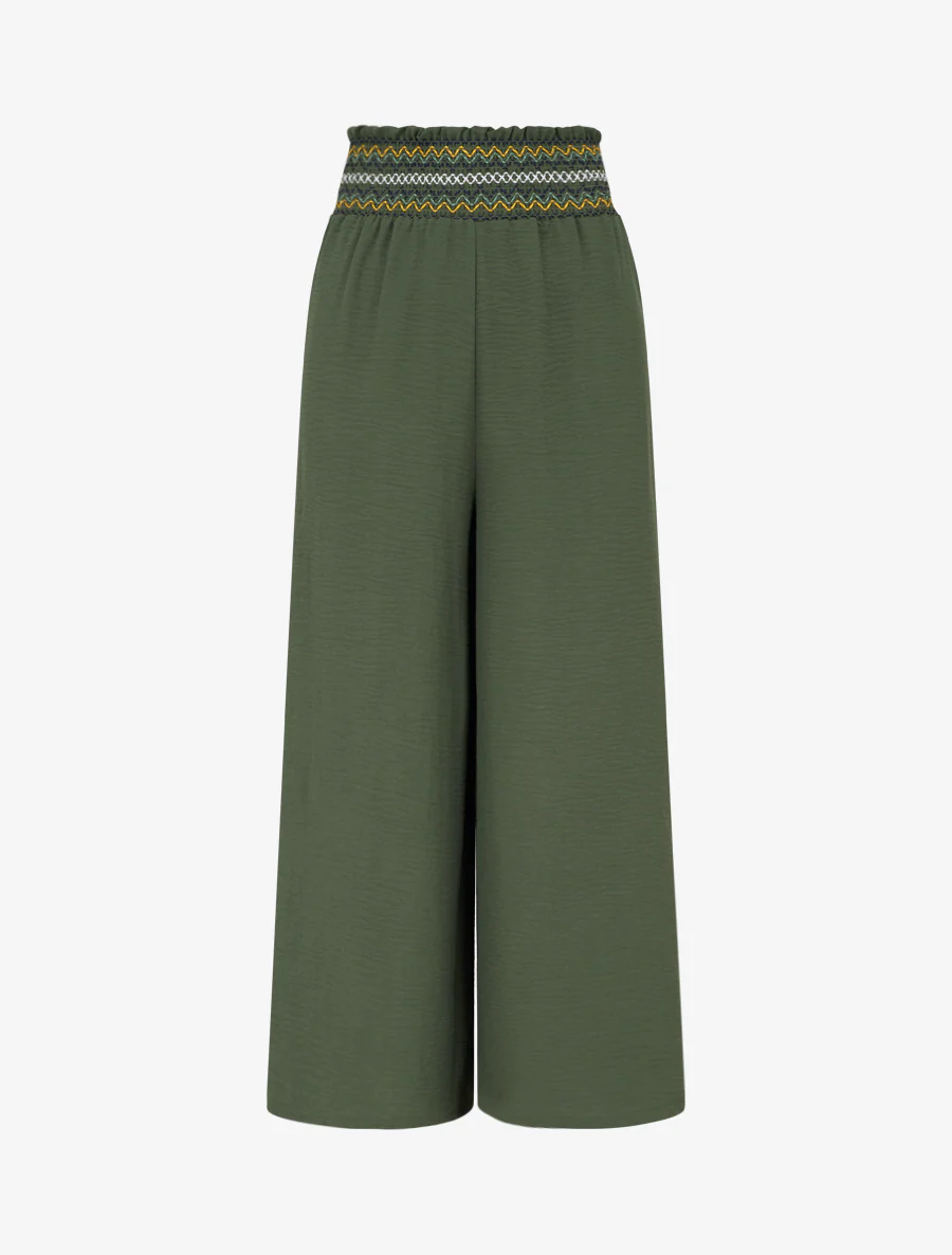 Pantalon droit à taille haute élastiquée - Kaki
