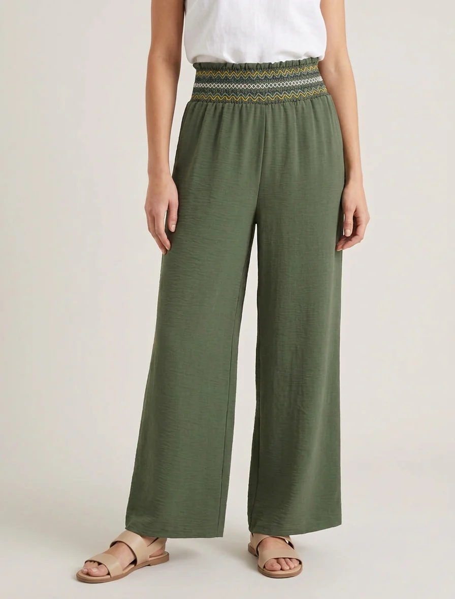 Pantalon droit à taille haute élastiquée - Kaki - Image 4