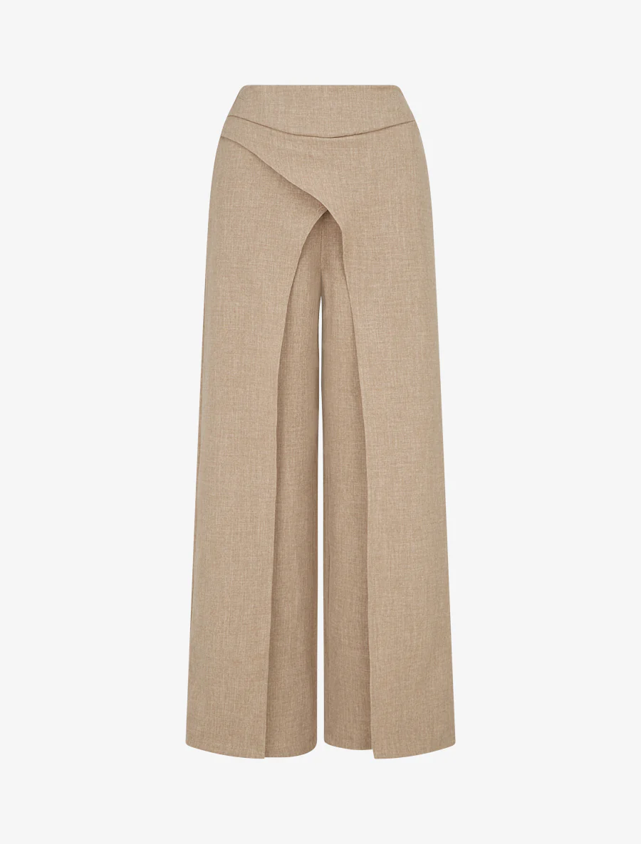 Pantalon droit effet lin à double pans - Taupe