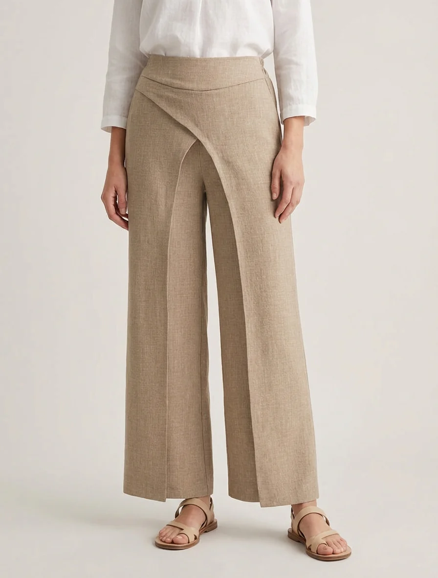 Pantalon droit effet lin à double pans - Taupe - Image 4