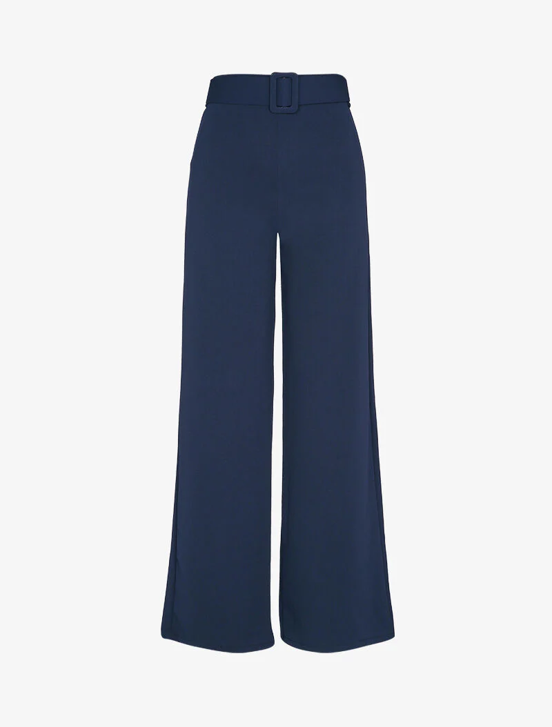 Pantalon droit extra long à ceinture à boucle carrée - Marine