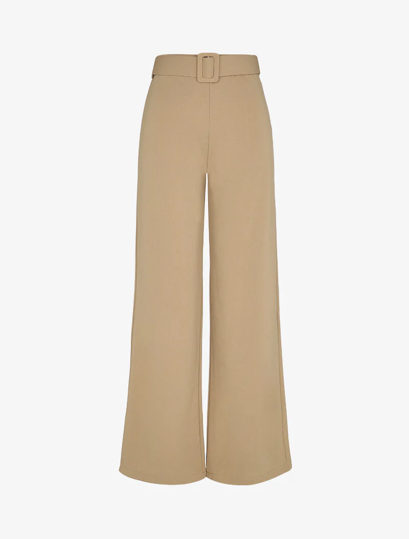 Pantalon droit extra long à ceinture à boucle carrée - Beige