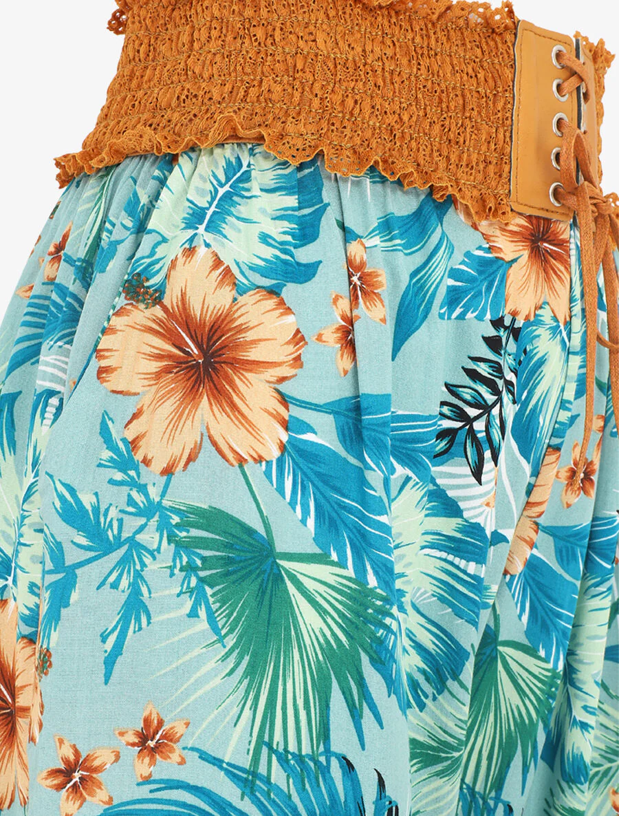 Pantalon droit taille haute imprimé tropical - Vert d'eau - Image 3