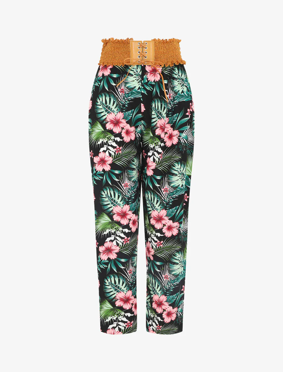 Pantalon droit taille haute imprimé tropical - Noir