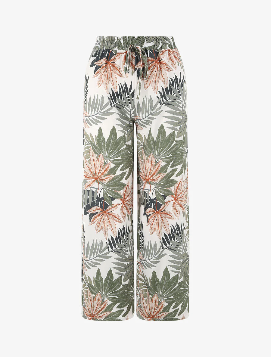 Pantalon droit taille haute imprimé tropical - Blanc