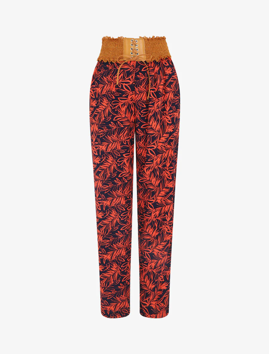 Pantalon droit taille haute imprimé végétal - Rouge
