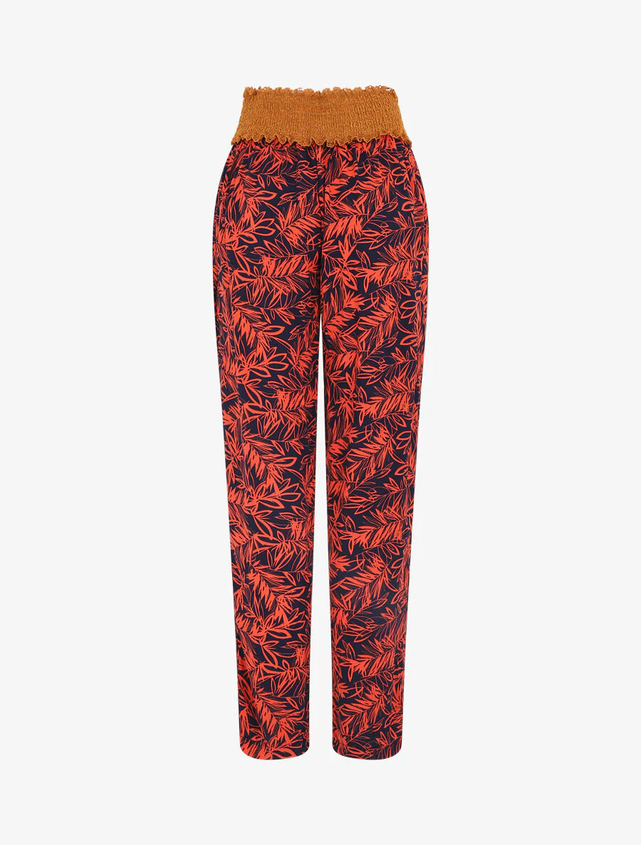 Pantalon droit taille haute imprimé végétal - Rouge - Image 2