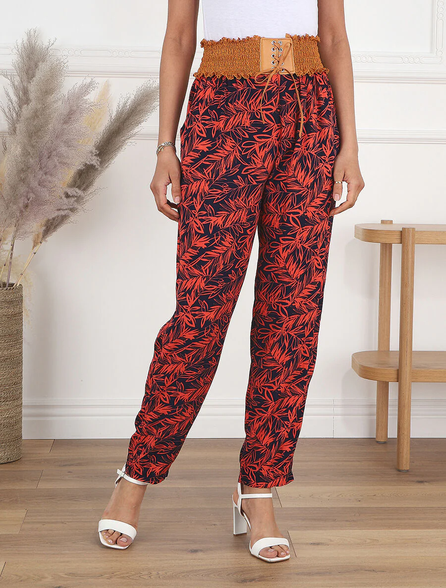 Pantalon droit taille haute imprimé végétal - Rouge - Image 4