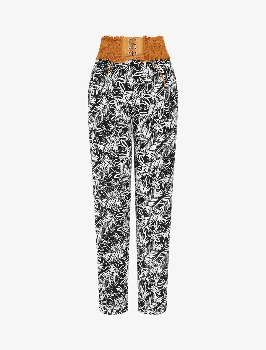 Pantalon droit taille haute imprimé végétal - Noir