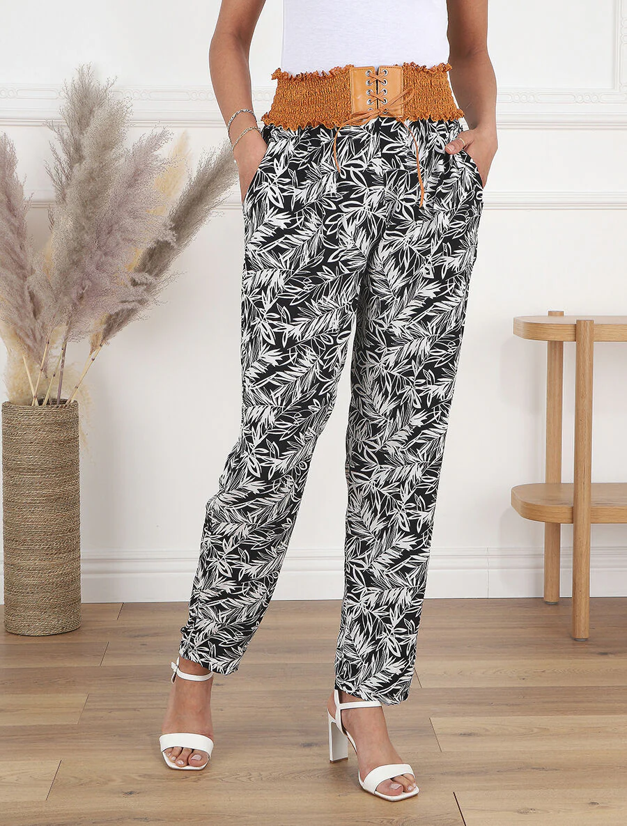 Pantalon droit taille haute imprimé végétal - Noir - Image 4