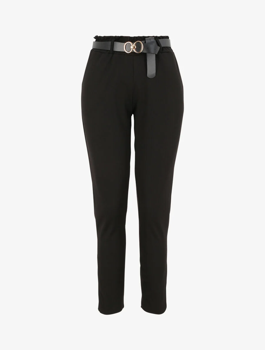 Pantalon droit uni à taille haute froncée - Noir