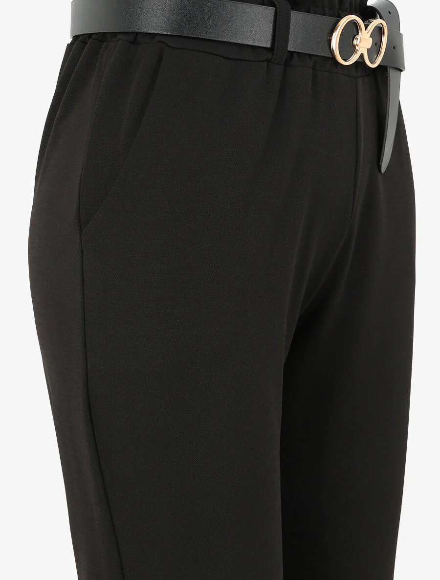 Pantalon droit uni à taille haute froncée - Noir - Image 3