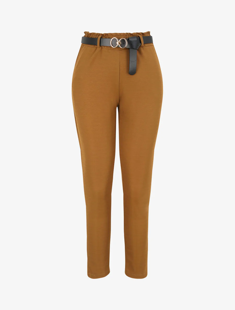 Pantalon droit uni à taille haute froncée - Camel