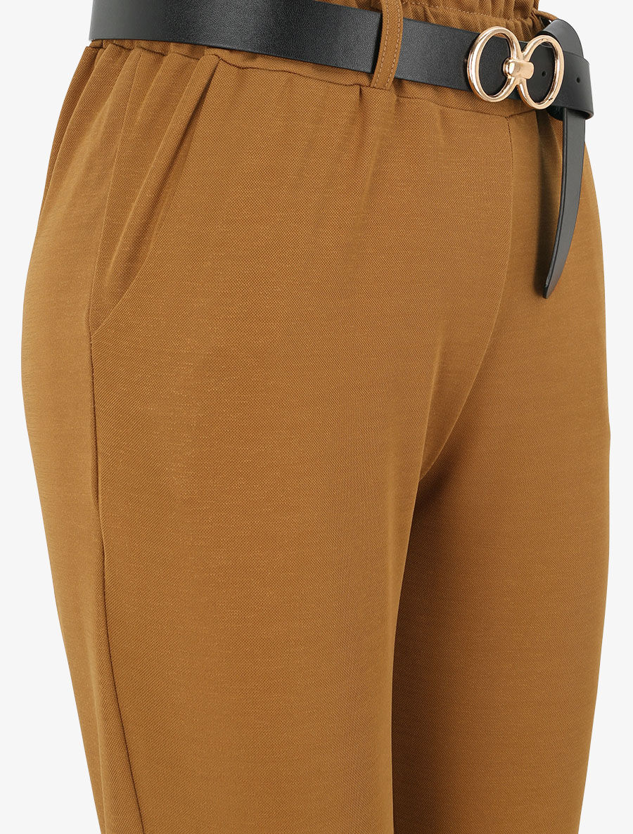 Pantalon droit uni à taille haute froncée - Camel - Image 3