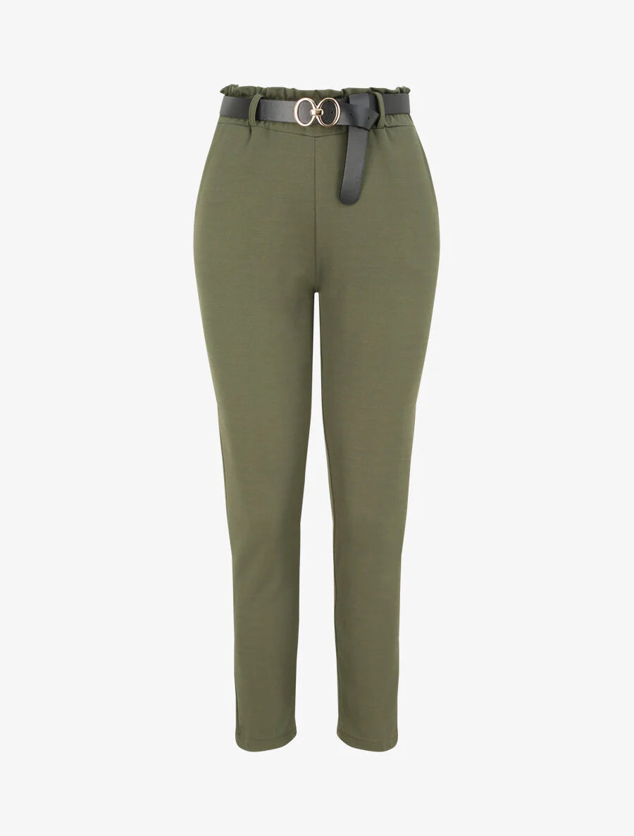 Pantalon droit uni à taille haute froncée - Kaki