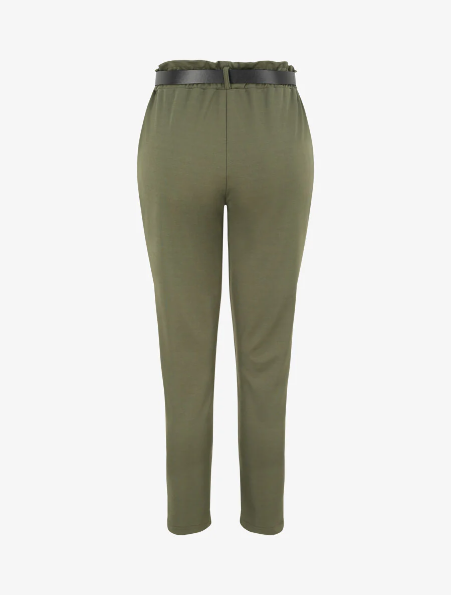 Pantalon droit uni à taille haute froncée - Kaki - Image 2