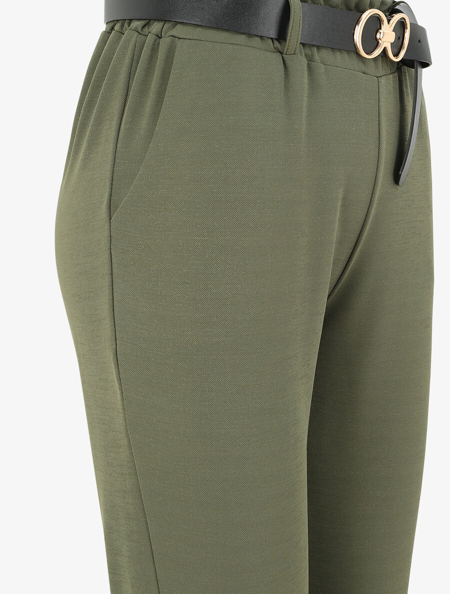 Pantalon droit uni à taille haute froncée - Kaki - Image 3