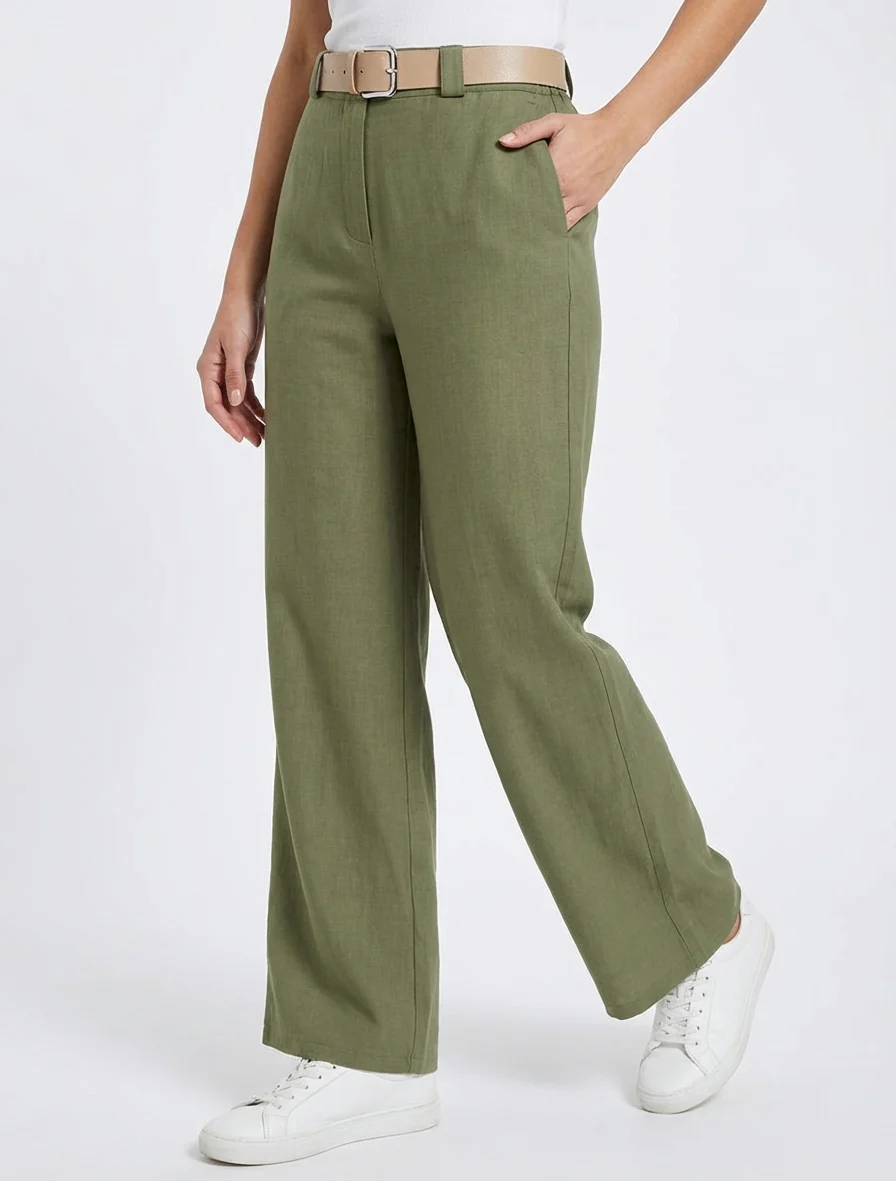 Pantalon droit uni élastiqué - Kaki - Image 4