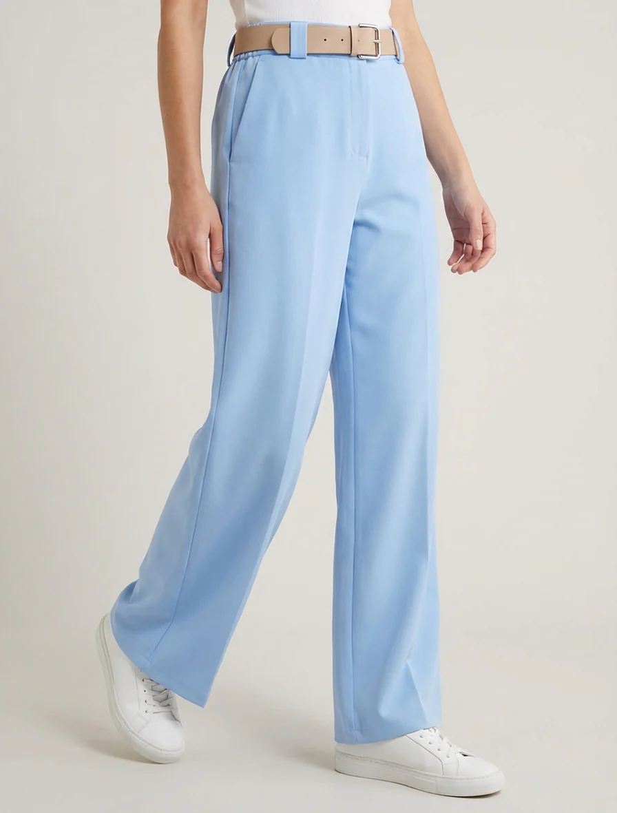Pantalon droit uni élastiqué - Bleu ciel - Image 4