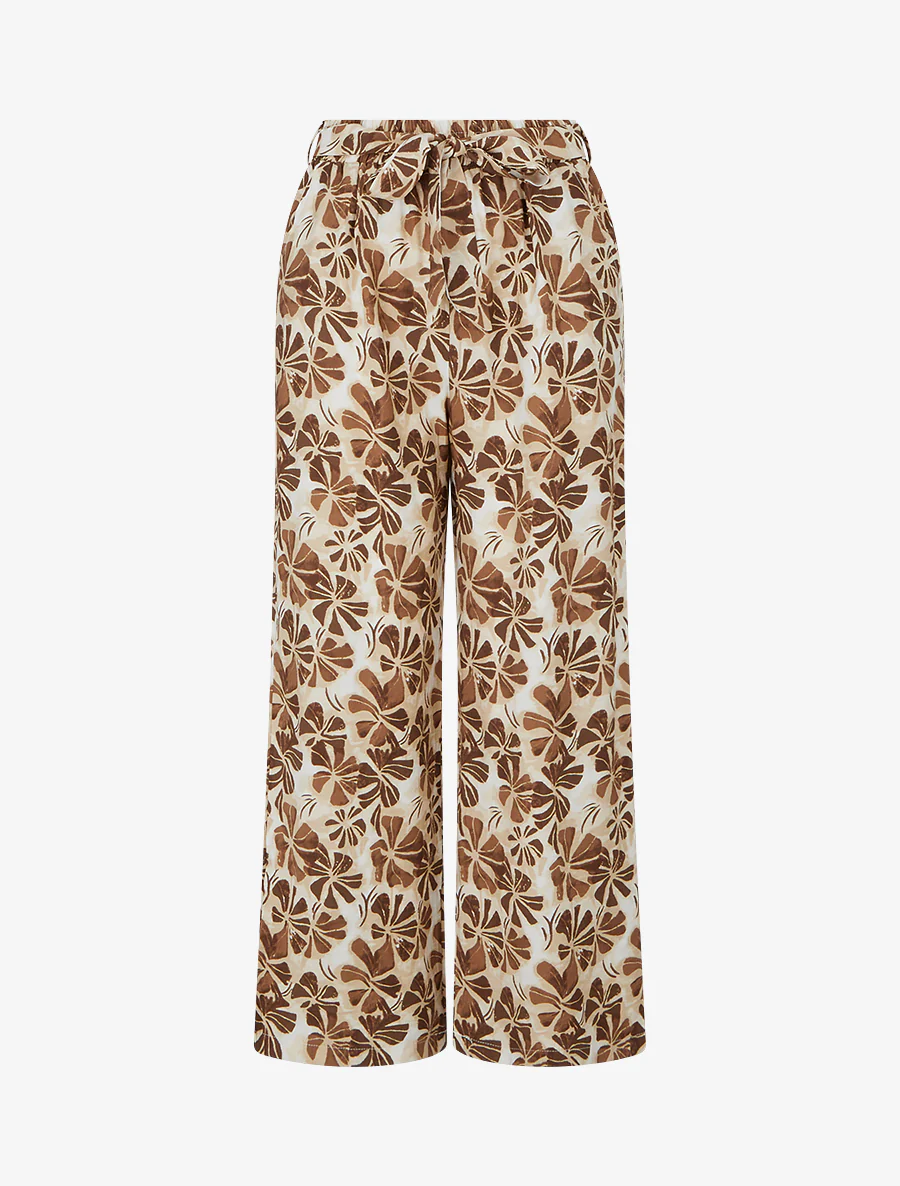 Pantalon élastiqué coupe droite imprimé fleuri - Marron