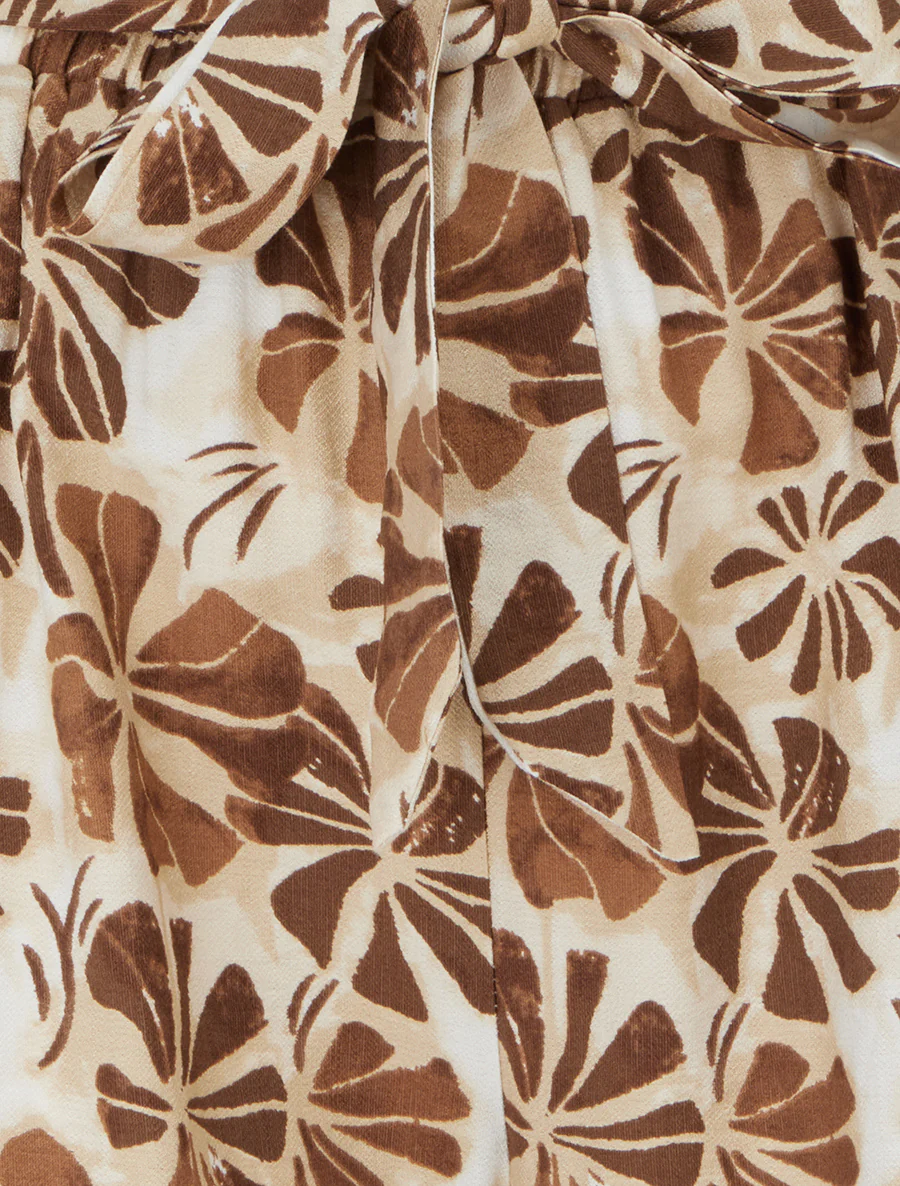 Pantalon élastiqué coupe droite imprimé fleuri - Marron - Image 3