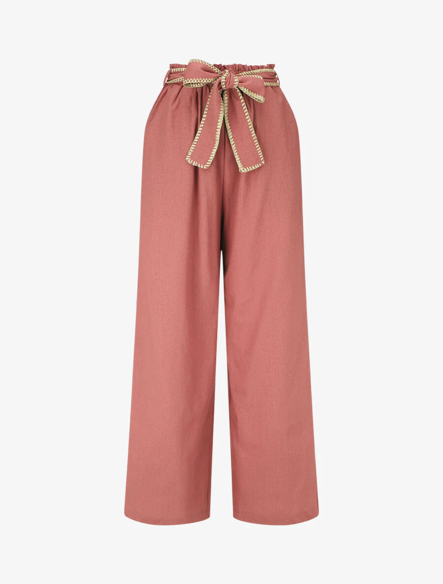 Pantalon élastiqué effet lin à ceinture stylisé - Vieux rose