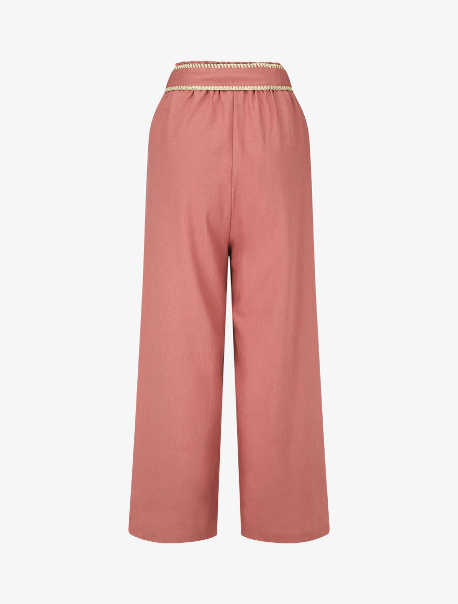 Pantalon élastiqué effet lin à ceinture stylisé - Vieux rose - Image 2